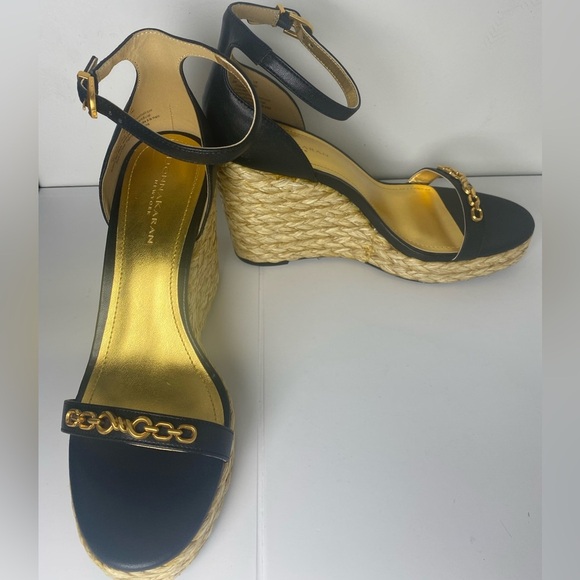 DONNA KARAN NWT & Box Yulissa Ankle Strap Nappa Black & Gold Wedge Sandals - Picture 1 of 7
